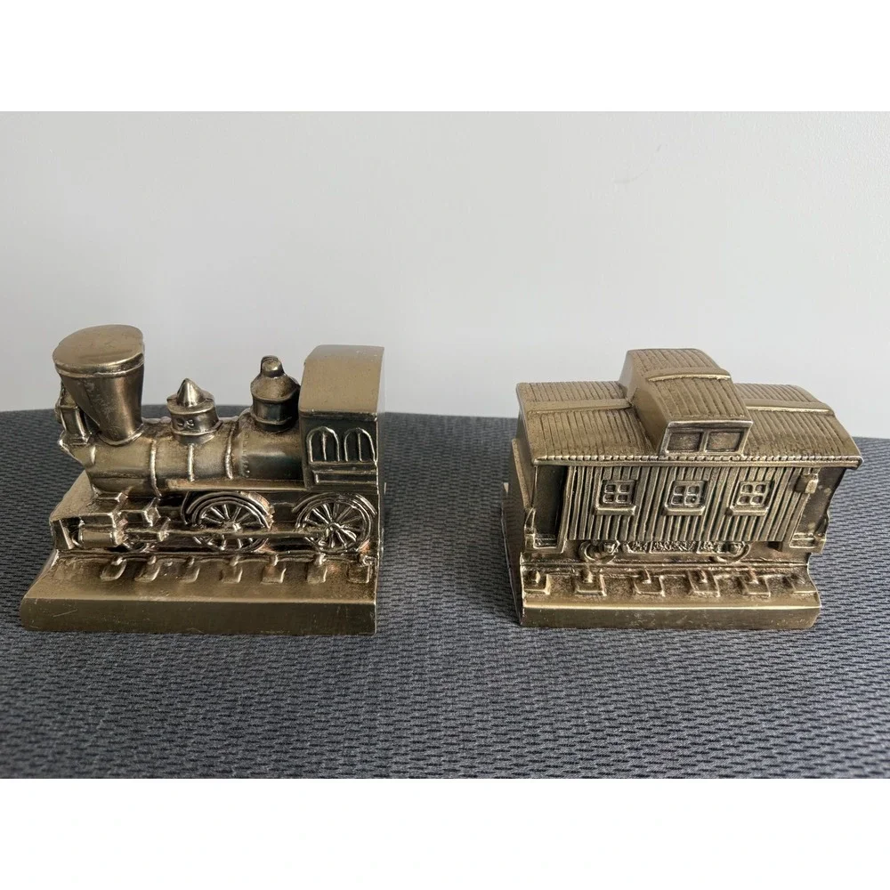 Vintage Solid Brass Metal Train Bookends Steam Locomotive and Caboose Set